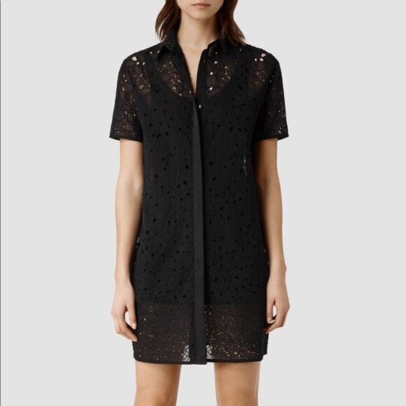 Allsaints Zepetelli Black Sheer Floral Eyelet Lace Mini Button Up Shirt Dress 0 - Picture 7 of 7
